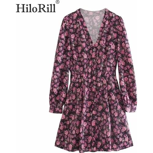 HiloRill Women Long Sleeve Floral Print Dress V Neck Retro Party Dresses 2021 Ladies A Line Chic Mini Dress Vestidos Mujer