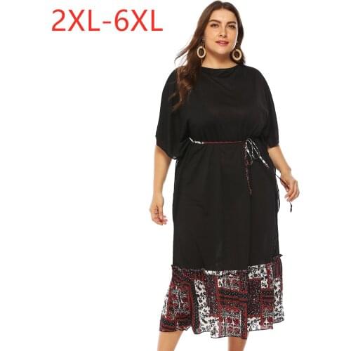 2021 summer new plus size long dress for women large loose casual short sleeve retro O neck dresses belt black 4XL 5XL 6XL 7XL