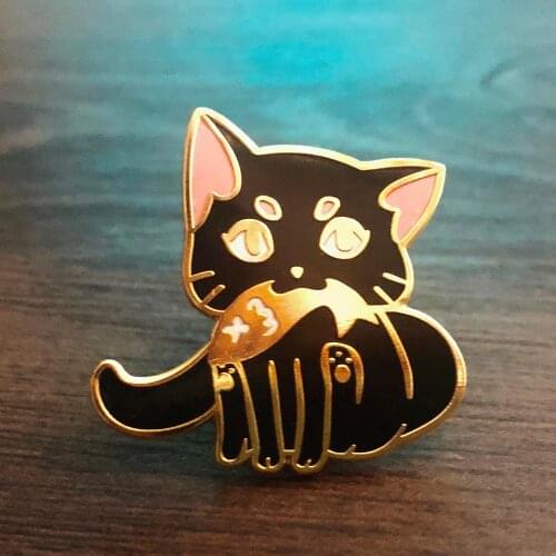 Hungry Eat Fish Black Cat Hard Enamel Pin Cute Cartoons Pastel Animal Medal Brooch Fashion Backpack Pins Unique Jewelry Gift