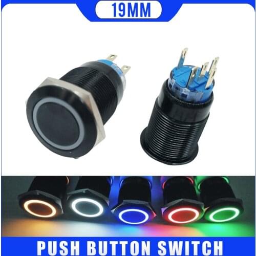 19mm Momentary Auto reset Alumina black push button with LED 3V 5V 12V 24V 48V 220V ring light push button waterproof button