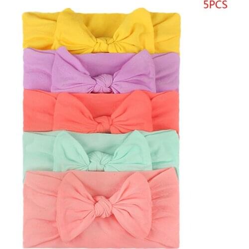 5Pcs Baby Girls Lovely Bow Hairband Elastic Wide Headband Stretch Knot Bandanas N84E