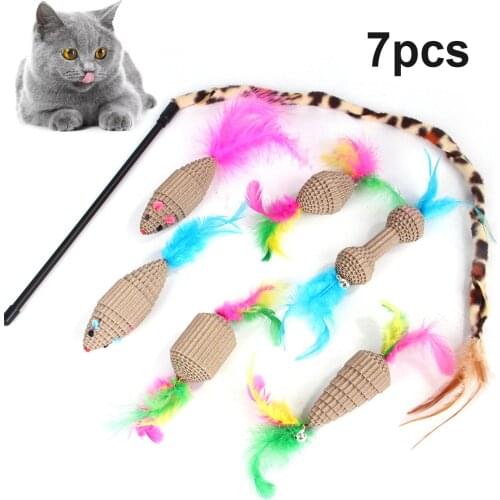 7Pc Kitten Corrugated Paper Mouse Cat Stick Feather Funny Interactive Pet Toys Funny Fishing Rod Game Wand Feather Stick For cat