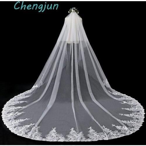 Chengjun Real Photo 3.5m Two Layers Wedding Veil With Comb Ivory Sequin Lace Edge Cathedral Wedding Veil