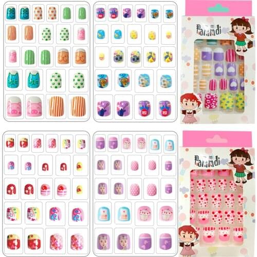 Full Cover Kids Fake Nail Self-adhesive Short Fake Nail Press on Cartoon Manicure Tips For Little Girls 24Pcs/box