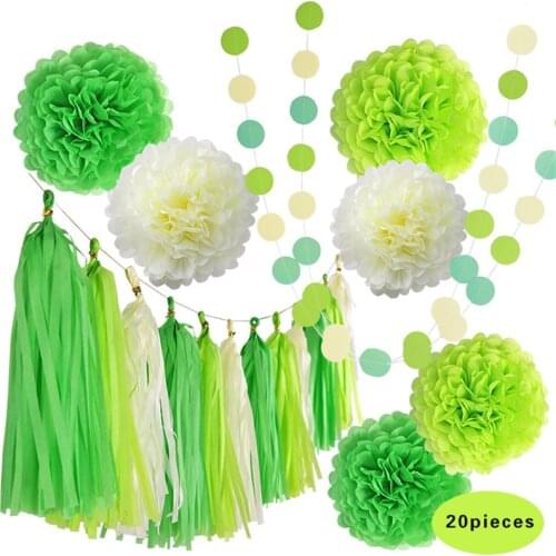 HAOCHU 20pcs/set Fresh Green Paper Pom Pom (10'' 12'') Hanging Tissue Paper Tassel Garland Wedding Outdoor Party Decor Craft