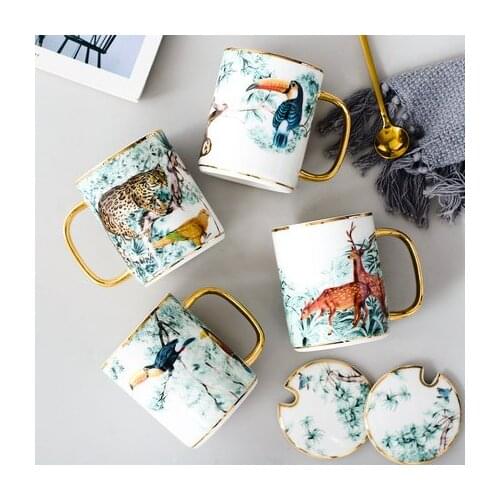 Creative Gold Put Mug Animal British Ceramic Cup Nordic Afternoon Tea Milk Coffee Juice With Cover Spoon Home Drinkware