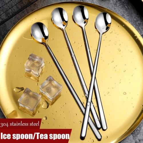 Long Handle Ice Cream Spoon 304 Stainless Steel Coffee Teaspoon Round Shape Scoop Mixing Cocktail Stirring Kitchen Accessories