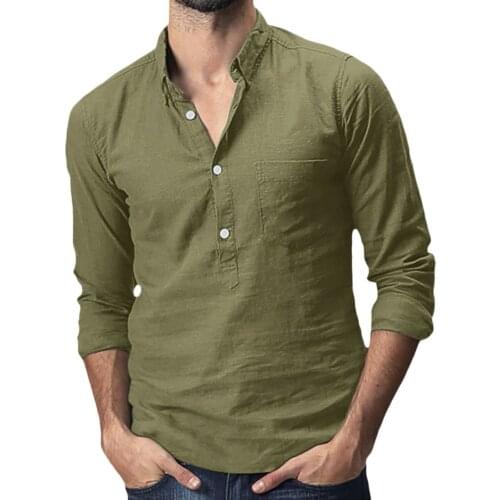 Fashion Mens Baggy Cotton Linen Solid Color Turn-down Collar Pocket Blouses Casual Breathable Long Sleeve Shirts Tops Camisa#G3