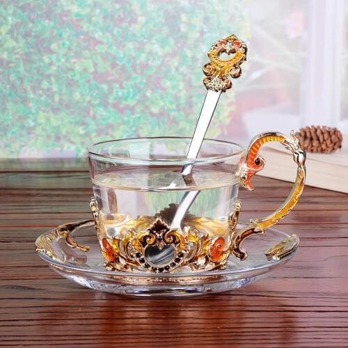 Enamelled Coffee Cups & Saucers Set European Mug Flower Tea Cup Set Creative Birthday Gift Wedding Home Decoration Accessories