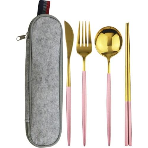 Pink Gold Dinnerware Set Travel Camping Cutlery Set Knife Fork Spoon Chopsticks With Portable Bag Stainless Steel Tableware Set