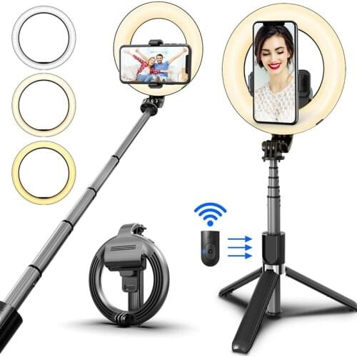 NEW 4 In 1 Selfie Ring Light Wireless Bluetooth Selfie Stick Mini Tripod Handheld Extendable Selfie Stick with Remote