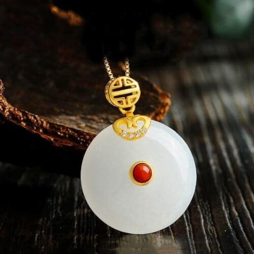 New silver natural and Baitian jade round brand pendant Chinese style retro palace minority design womens jewelry