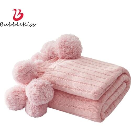 Bubble Kiss Nordic Style Blanket Hair Ball Decor Knitted Simple Blankets For Beds Solid Color Summer Adults Shawl Throw Blanket
