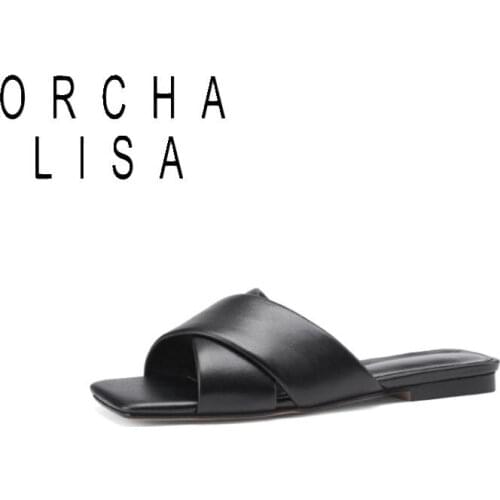 ORCHALISA Shoes Women Genuine Leather Flat Slippers Solid Square Toe Ladies Slides Summer Beach Sandals cow leather size34-43
