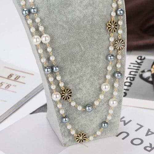 SHIFEEL 2018 New Fashion Gray Pearls Daisy Flowers Clovers Double Multilayer Chain Necklace Women Long Sweater Chain choker