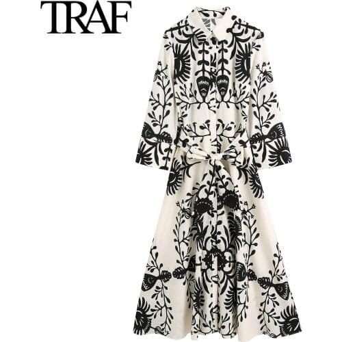 Traf Za Women Clothing French Fashion Long Sleeve Dresses A-line Vintage Print Chic Shirt Dress Boho Bowknot Bandage Dress