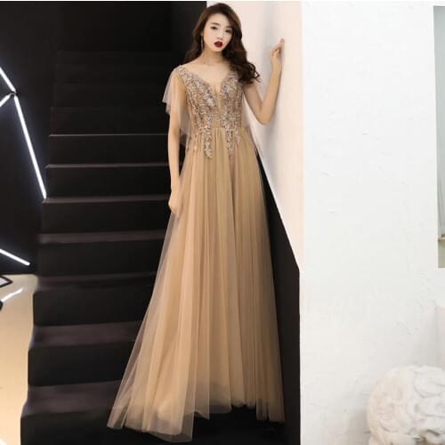 Sexy V-Neck A-line Evening Dresses 2018 New Stylish Illusion Applique Party Dress Short Sleeve Gowns vestido de festa