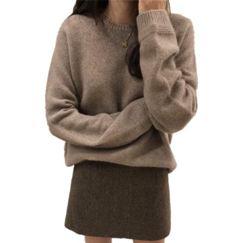 FRSEUCAG Hot Sale Womens Round Neck Long Sleeve Cashmere Sweater Solid Color Knit Loose Pullover Regular Coat Wool Sweater