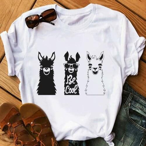 Fashion Summer Womens T-shirt Grass Mud Horse Cartoon Print Pattern T-shirt Short Sleeve O-Neck Women Oversized T-shirt Top Tee