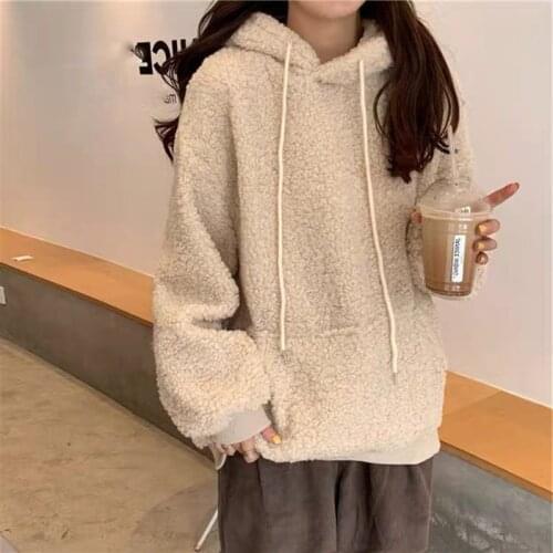 Lucyever 2021 Winter New Fluffy Hoodies Women Cute Bear Ear Cap Thicken Warm Sweatshirt Woman Casual Solid Faux Lamb Pullovers