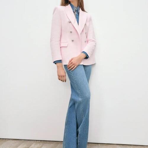 XIKOM 2021 Women Pink TurnDown Collar Long Sleeve Double Breasted Suit Outerwear Female Vintage Office Lady Slim Coat