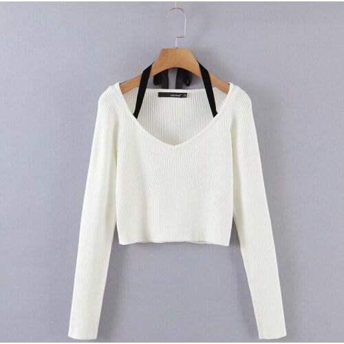 Autumn/Winter New Elastic Womens Knitted Top Two-color Long Sleeve Sweater Contrast Short Solid Color Sweater Round Neck Top