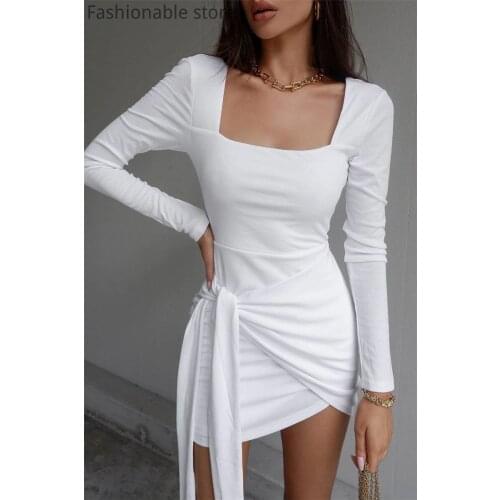 Women Square Collar Ruched Long Sleeve Tied Waist Backless Mini Dress