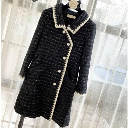 2020 autumn winter women black plaid tweed long coats turn down collar single breasted woolen outerwear Y668