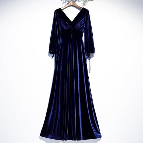 Bespoke Occasion Dresses Vintage V-Neck Full Button Pleat Luxury Navy Blue A-Line Floor-Length Women Formal Evening Gown HB094