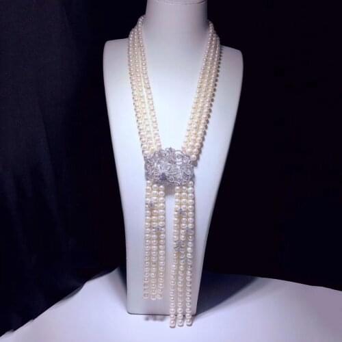 20-21" Natural 7-8mm white pearl 3 Strands White Round Pearl Necklace CZ Connector