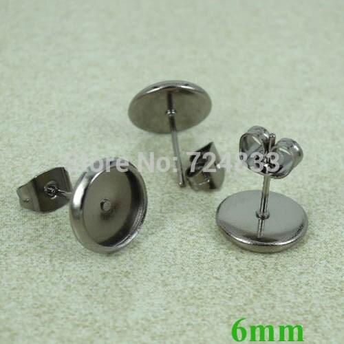 6mm New Gunmetal Black Plated Brass Round Bezel Earrings Post with Stopper Blank Pad Glass CameoBase Earrings Findings 10pcs/lot