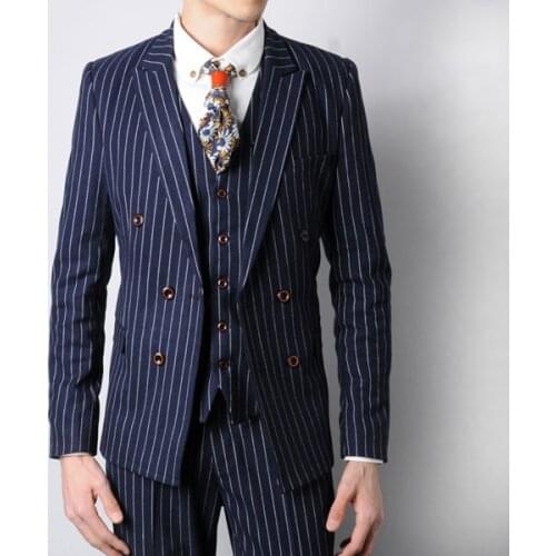 Free shipping 2015 new arrival studio apparel vintage england style striped suit men double-breasted wedding suits for men suit