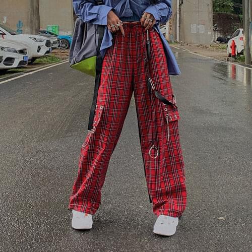 Vintage Harajuku Plaid Punk Chain Cargo Pants Women Harajuku Hip Hop Goth Plaid Checkered Trousers Aesthetic Women Streetwear