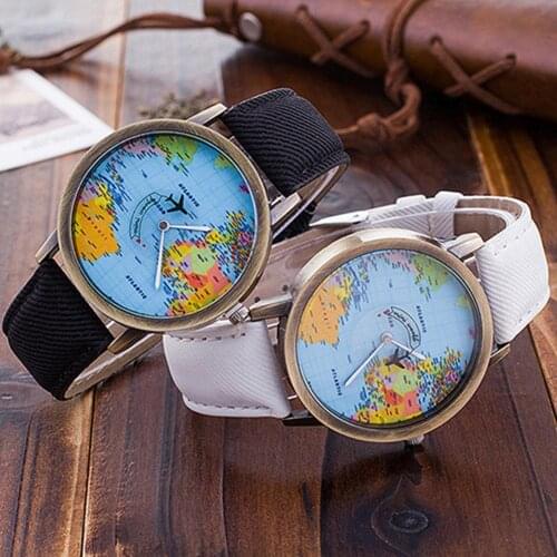 Hot Sale Mini World Fashion Quartz Watch Men Unisex Map Airplane Travel Around The World Women Leather Dress Wrist Watch Clock