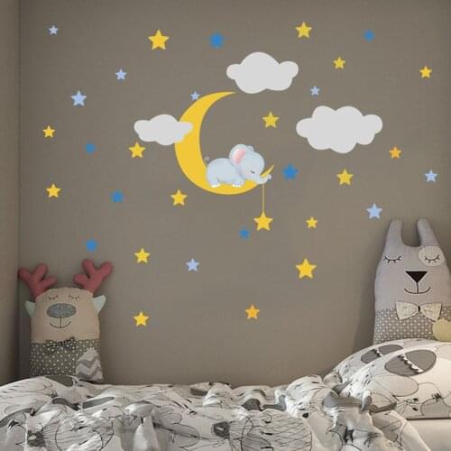 Cartoon little elephant moon Cloud Star decoration wall sticker Childrens room kindergarten wall decoration wallpaper