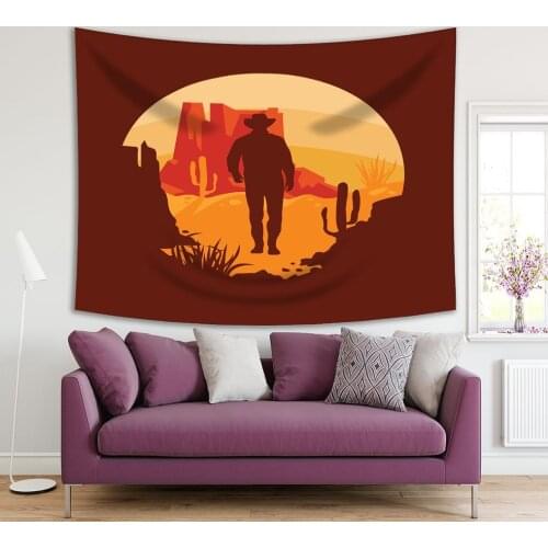 Tapestry Wild West Cowboy With Landscape Silhouette Vintage Retro Artwork Printed Brown