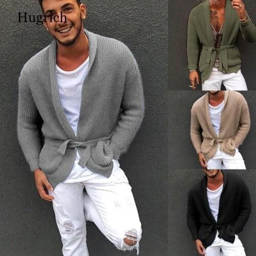Khaki Mens Cardigan Sweater with Belt Casual Knitted Sweaters For Men Fashion Solid Color Autumn Male Outerwear Tops