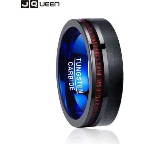 8mm Koa Wood Inlay Tungsten Carbide Ring Wedding Band Men Ring Black Brushed Promise Ring Flat Edge Comfort Fit Size 7-12