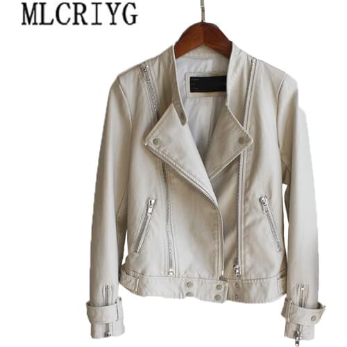 European Style Stand Collar Pu Leather Jacket New Fashion 2019 Motorcycle Faux Leather Jackets Women Short Slim Black Coats LX12