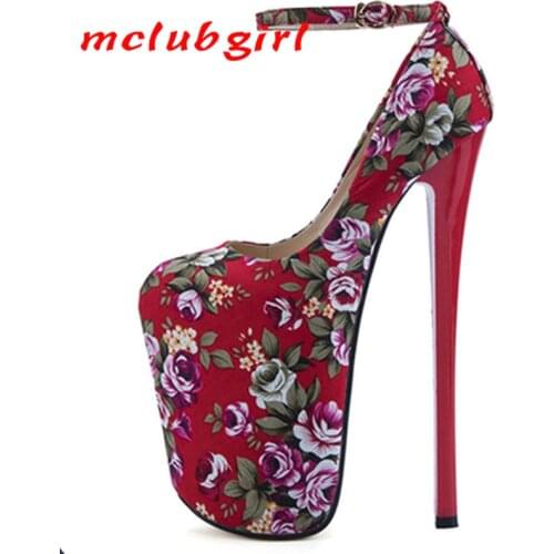 Mclubgirl 2020 New Style Buckle Ventilation Super High Heel Low Top 22cm Fine Heel Female Sexy Flower National Style MJL