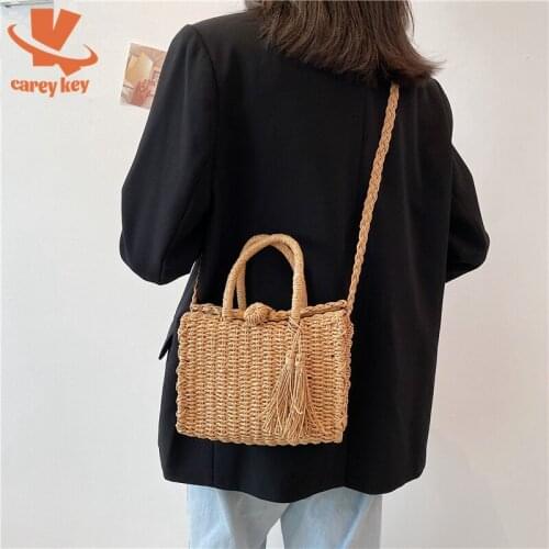 CAREY KEY Fashion Tassel Straw Women Handbag Summer Bohemia Sandy Beach Travel Shoulder Bags Woven Rattan Messenger Bag