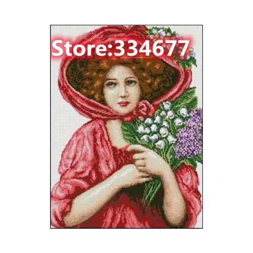Lady in Red Girl Sewing Kit Top Quality Embroidery Needlework 14CT Unprinted Art Cross Stitch Kits DIY Handmade Decor