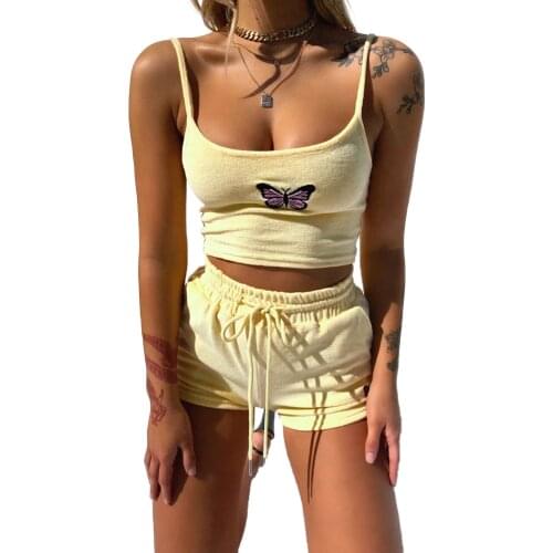 New Women Cropped Sleeveless Butterfly Sport Suit Sleeveless Short T-Shirt High-Waist Shorts Lace-up Casual Run Elastic Sports