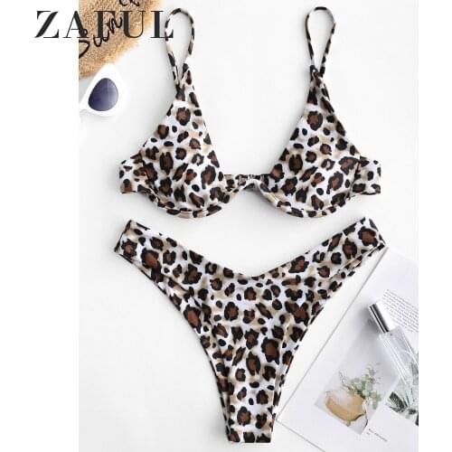 ZAFUL Sexy Leopard Snakeskin Underwire Bikini Set High Leg Bikini Padded Push Up Elastic High Cut Swimwears Summer Beach 2020