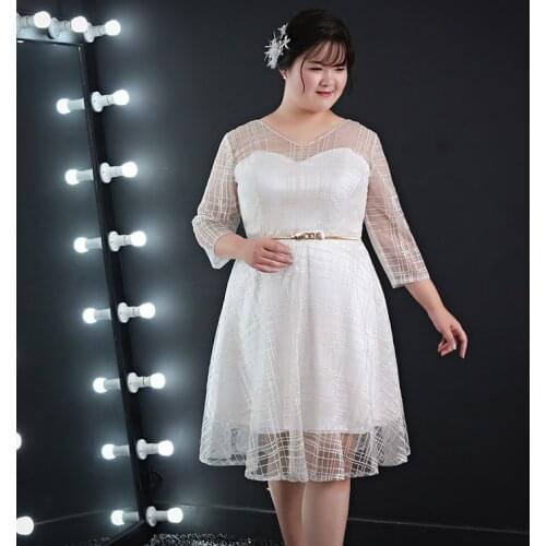 Prom Dress New Style White dress V-Neck Simple A-Line Three Quarter Sleeves Plus Size Knee-Length Lace Women Party Dresses D001