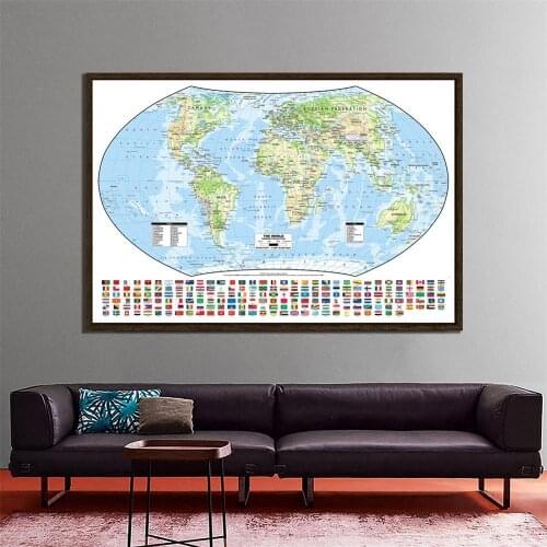 The World Hammer Projection Map With National Flags Non-woven Foldable World Map For Research