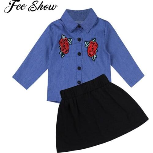 2PCS Fashion Baby Girls Stylish Outfit Long Sleeves Embroidered Floral Applique Shirt Matching Pleated Skirt Set SZ 12 Months-5