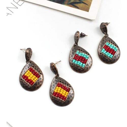Drop-shaped Bronze middle Hollow String colored beads pendant earrings Vintage ethnic style earrings Clothing with jewelry