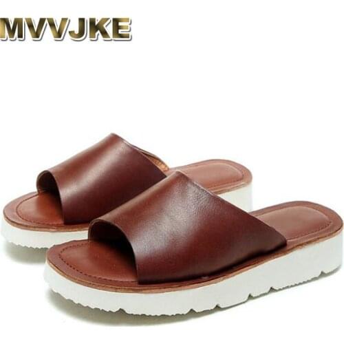 MVVJKE genuine leather summer slippers women flat slides soft bottom light open toe slide on beach casual slippers woman