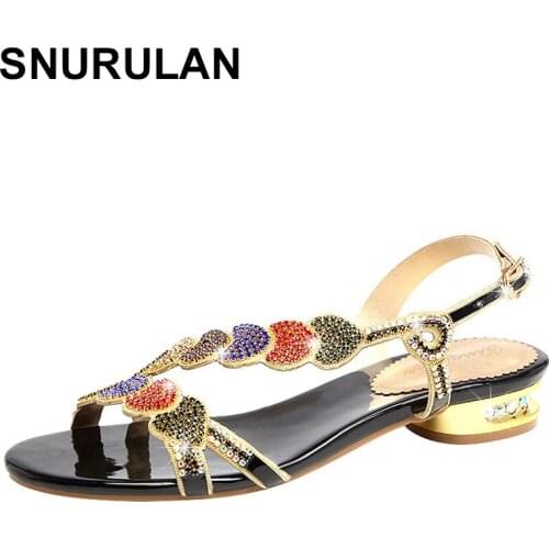 SNURULAN Summer Bohemia Plus Size Women Flat Sandals Flip Flops Beach Shoes Leisure Footwear A436 Elastic Band Rhinestone Female